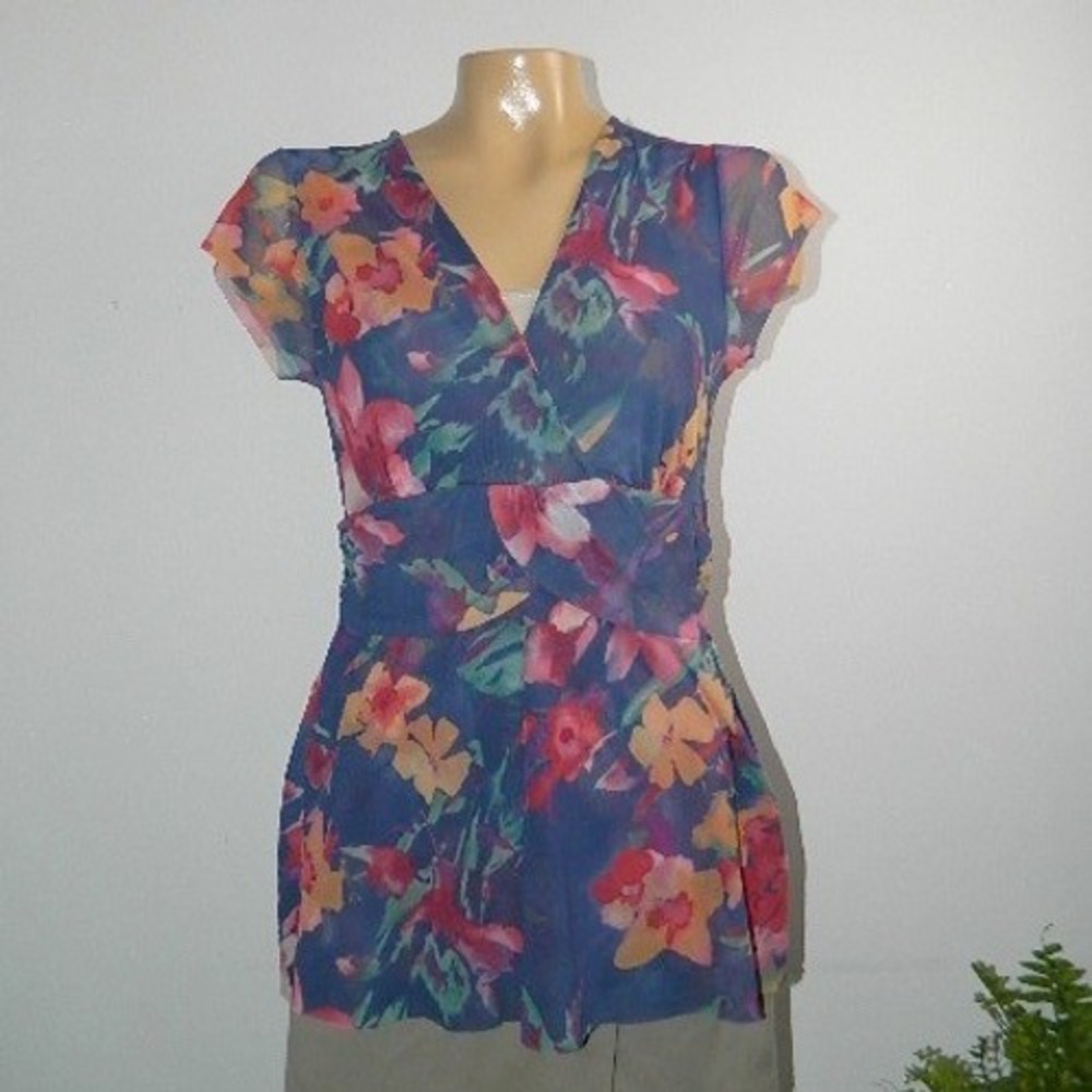 Sweet Pea Mesh Top Womens Large Blue Floral V-Neck Twist Waist Cap Sleeve Y2K